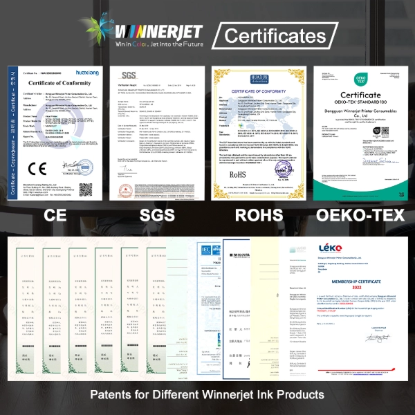 Official eco-safety certificates including OEKO-TEX Standard 100, REACH, and RoHS for compliant sublimation ink manufacturing.
