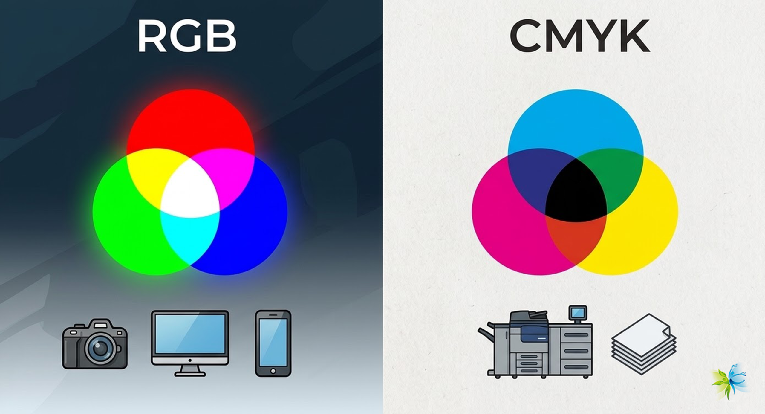 RGB vs CMYK color models comparison for digital displays and offset printing