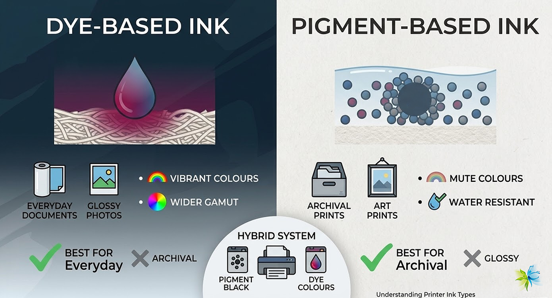 Difference between dye-based ink liquid and pigment-based ink particles on paper fibers