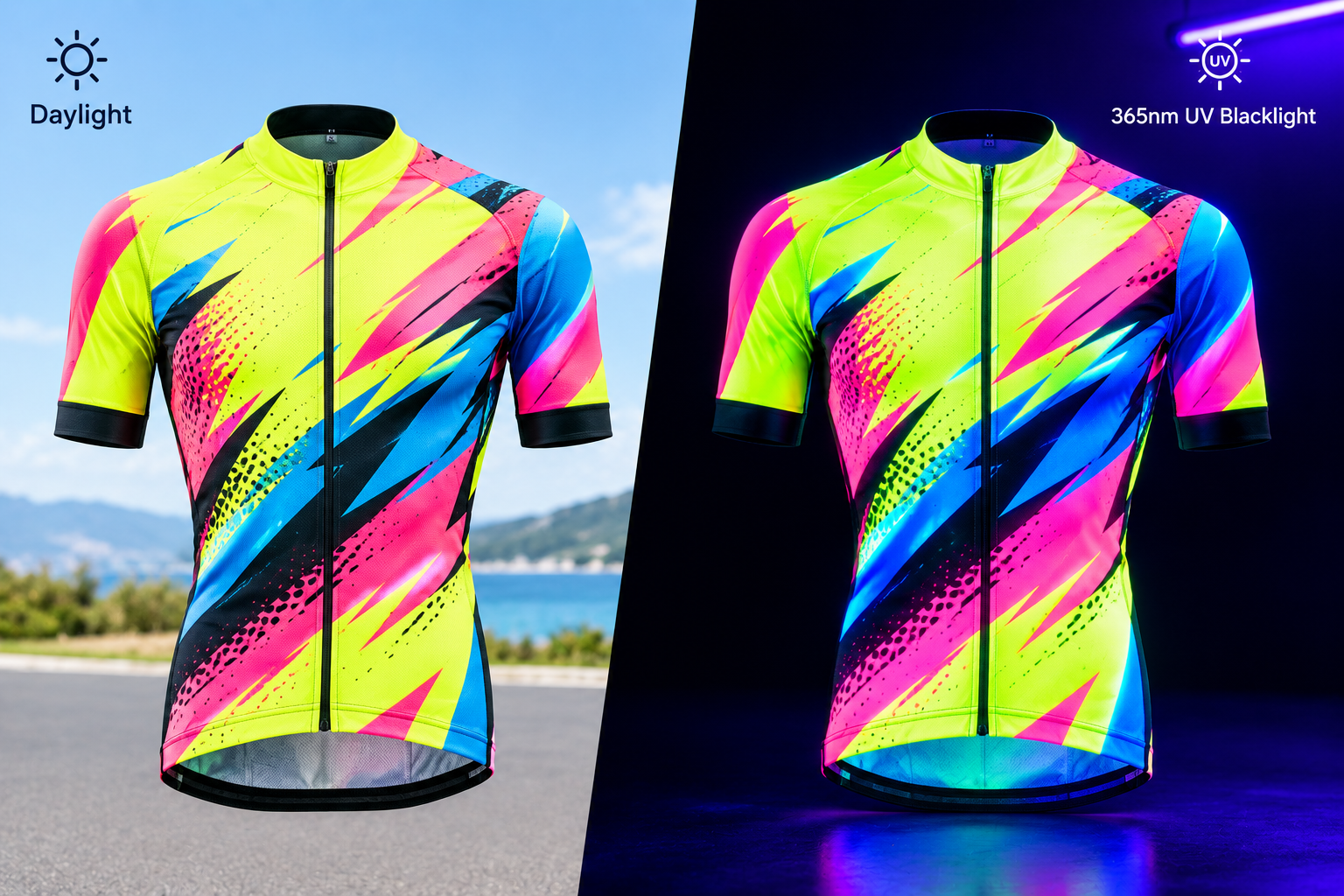 Comparison of fluorescent sublimation ink prints under ambient daylight versus 365nm UV blacklight on cycling jerseys