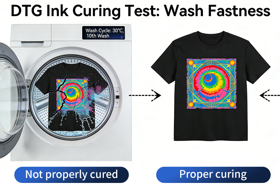 DTG print washfastness test at 60°C comparing correctly cured vs failed ink bonding
