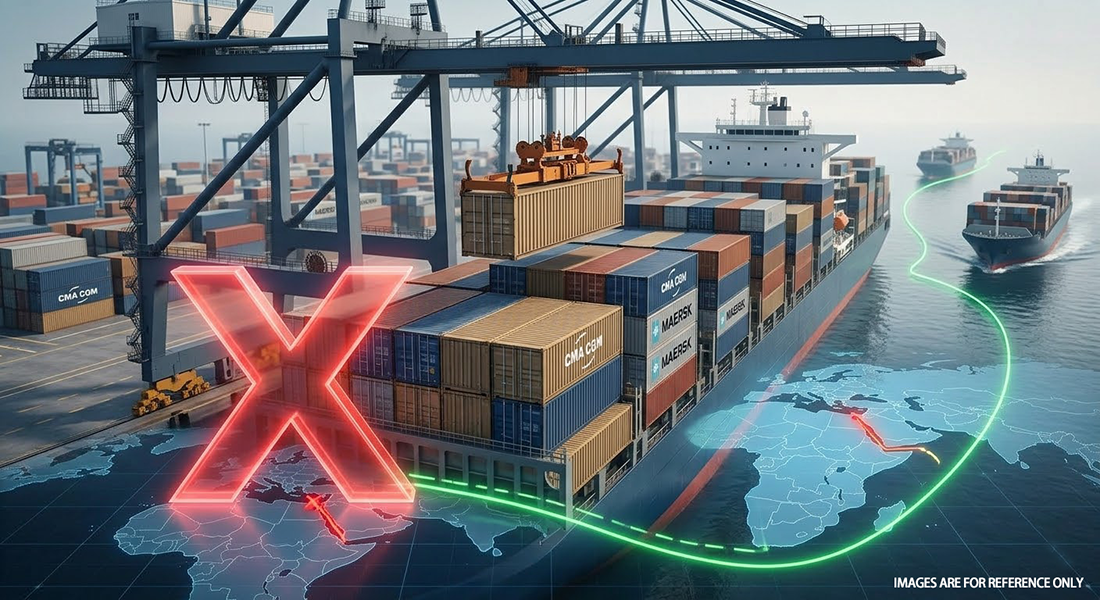 Global logistics illustration showing re-routed shipping lanes around the Cape of Good Hope for China UV printer exports