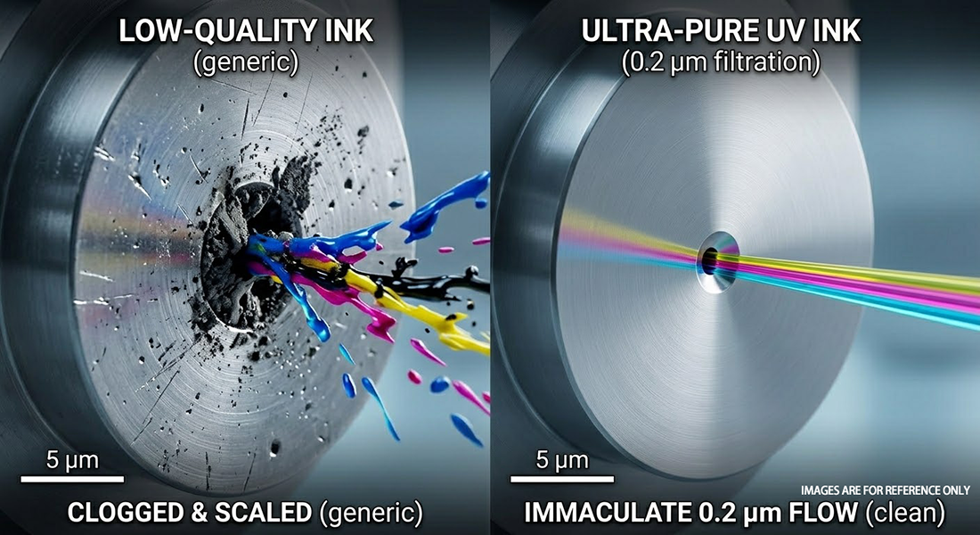 Microscopic comparison of clean ink flow versus clogged nozzle demonstrating $0.2\mu m$ filtration technology.
