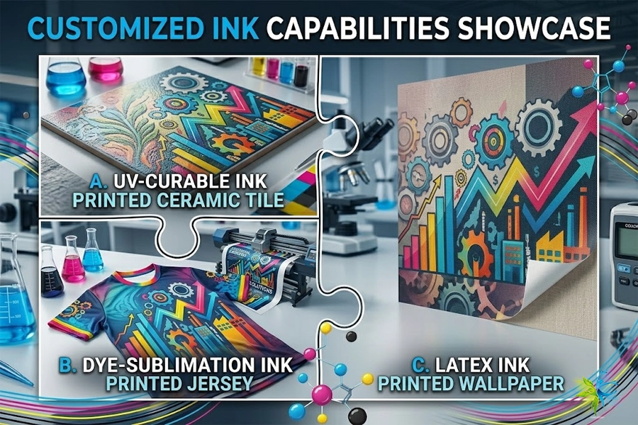 Various types of industrial inks, including UV-curable, sublimation, and latex ink for different printing applications