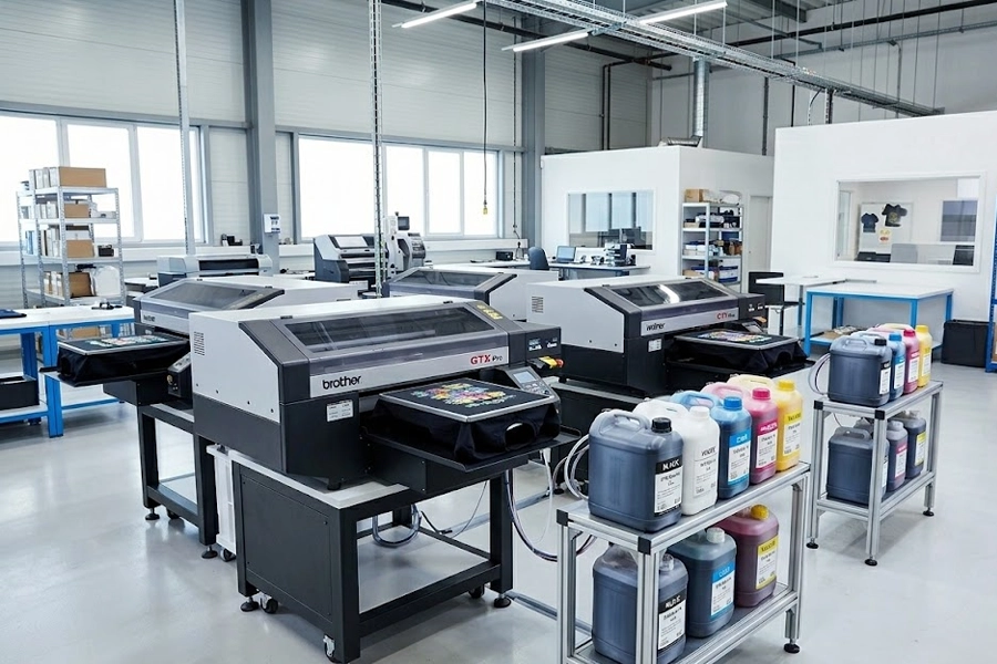 A clean, modern industrial print shop operating multiple Brother GTX Pro Bulk printers with 5L ink containers, demonstrating scalable garment decoration production without printhead risks.