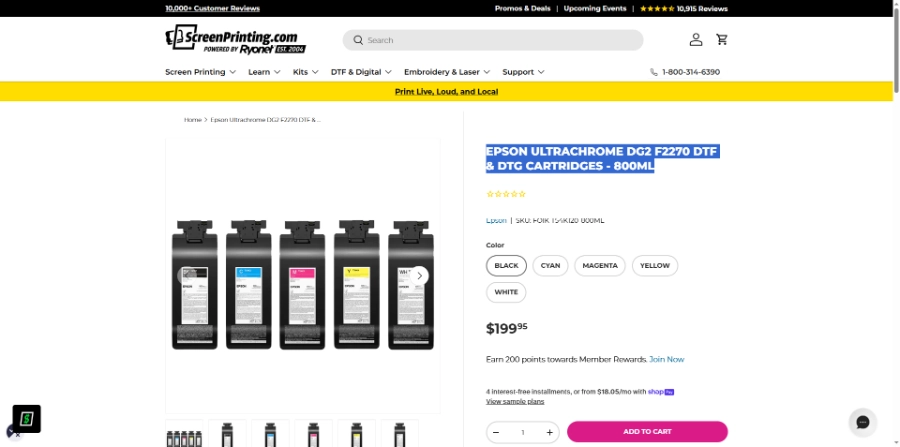 Epson Ultrachrome DG2 F2270 DTF & DTG Cartridges - 800ML