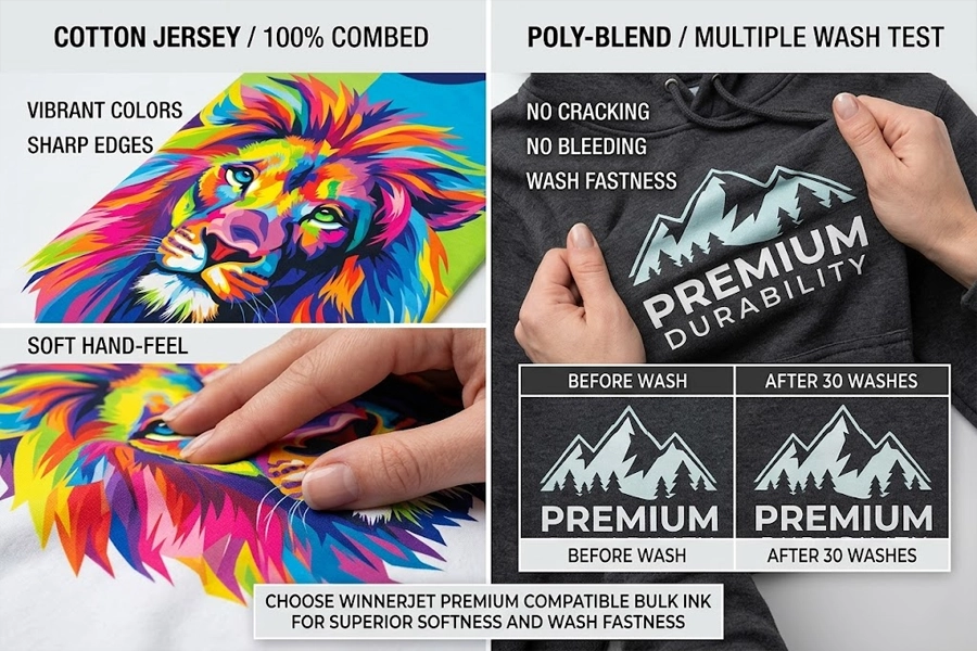A split-screen comparison showing high-saturation color printing on a 100% cotton t-shirt with a sharp edge (left), and a close-up of a hand stretching fabric without cracking after a 30-wash test on a poly-blend hoodie (right).
