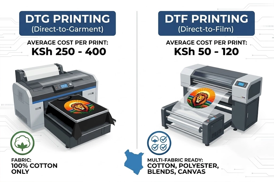 Visual comparison chart showing DTG vs DTF printer initial investment, fabric compatibility, and cost per print in Kenya.