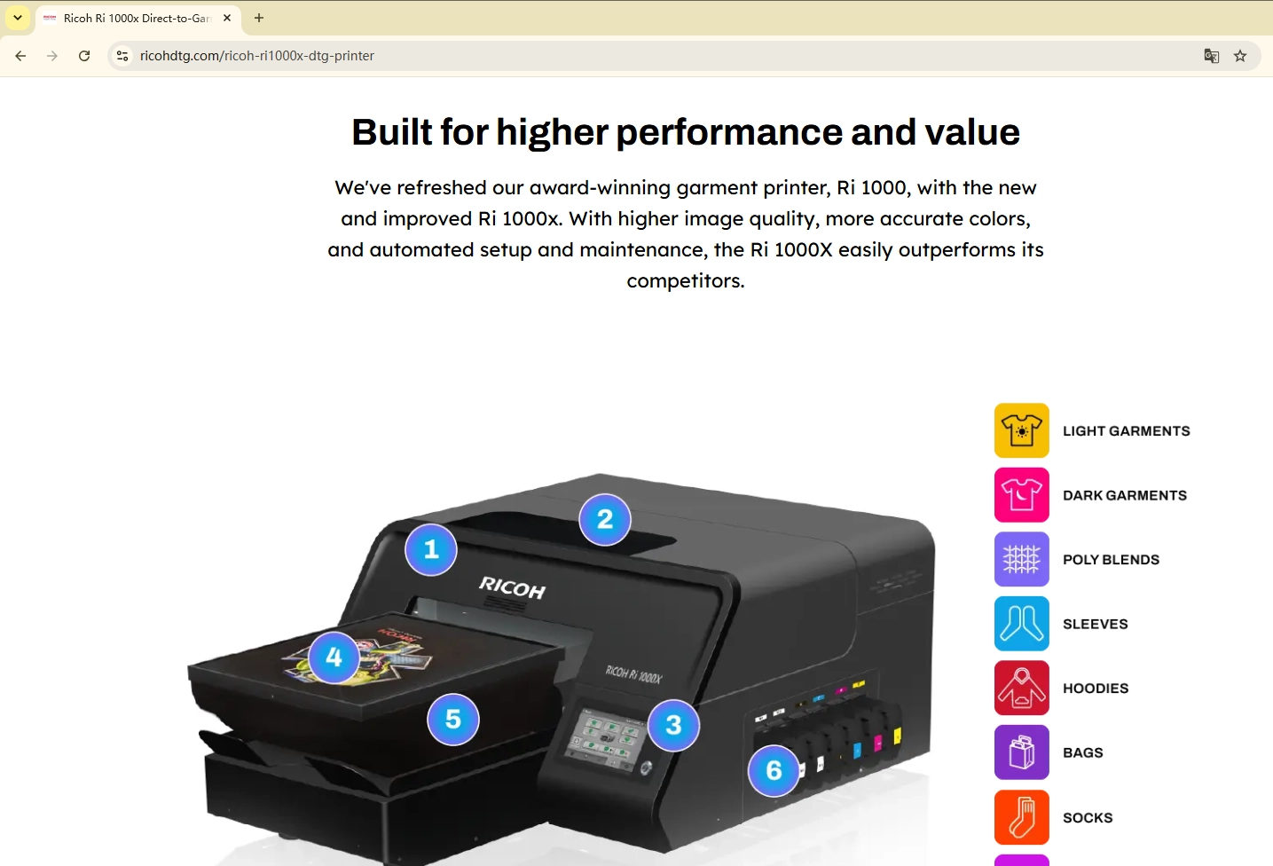 Official Ricoh documentation confirming Ri 1000 DTG printer status and transition to Ri 1000X