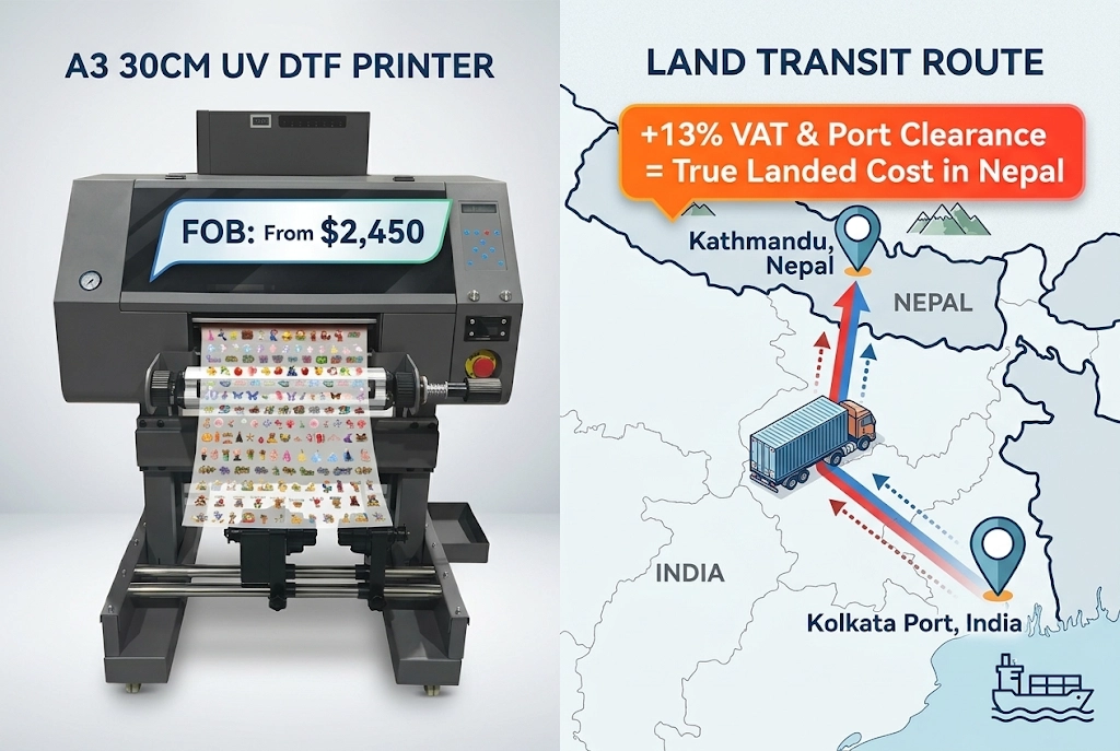 UV DTF printer price in Nepal comparing factory FOB price with estimated landed cost in Kathmandu
